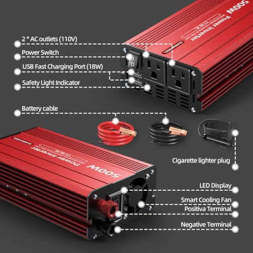 500W Power Inverter DC 12V to 110V AC Car Inverter with 2 x 3.1A USB Ports and Dual AC Outlet