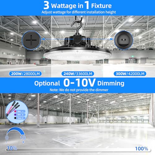 480V LED High Bay Light 300W 240W 200W Adjustable UFO Light 42000LM ETL Listed Dimmable High Bay LED Shop Lights 5000K Daylight IP65 Waterproof Commercial Bay Lighting for Warehouse Factory