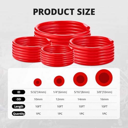 5/32 1/4 5/16 3/8 Silicone Vacuum Tubing Hose Line Kit 10FT 4PCS 130PSI Max Pressure Red (4mm 6mm 8mm 10mm)