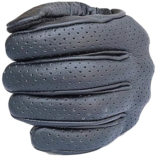 Leather Motorcycle Gloves for Men with reinforcements on Knuckles and Fingers 100% Perforated Calf Leather Riding Gloves with Magic Tape Wrist Closure