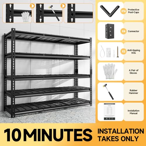 5 Tier 60" W X 20" D X 72" H Storage Shelves 3000LBS Metal Garage Shelving Adjustable Storage Shelf Metal Racks with Shelves Heavy Duty Shelving Units and Storage Utility Shelf (5 Count)