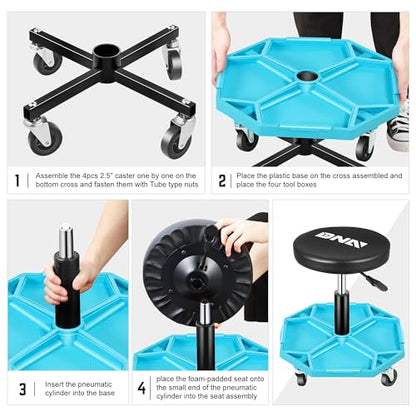 Adjustable Height Pneumatic Garage Seat Rolling Mechanic Stool with Tool Tray Storage