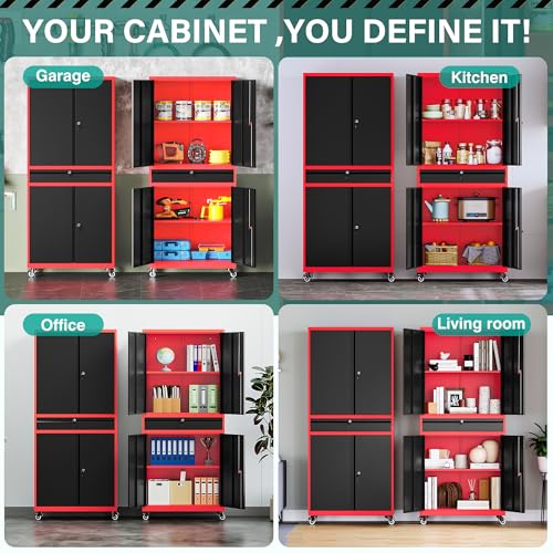 Metal Storage Cabinet with Wheels and Drawer