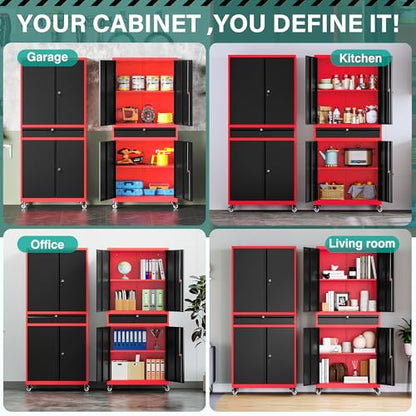 Metal Storage Cabinet with Wheels and Drawer