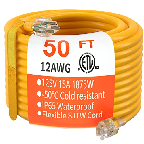 Indoor Outdoor Yellow Extension Cord 50 FT with Lighted 12 Gauge