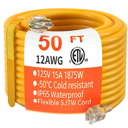Indoor Outdoor Yellow Extension Cord 50 FT with Lighted 12 Gauge