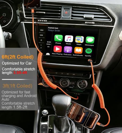 Coiled USB A to USB C Cable for Car [6FT (2 Count)