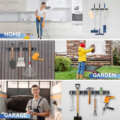 Wall Mount Broom Holder 3 Racks 4 Hooks Metal Tool Organizer Black