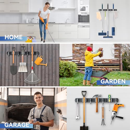 2 Pack Mop Broom Holder Wall Mount 3 Racks 4 Hooks Storage Black (2 Count)