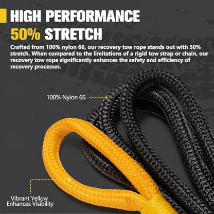 1"×30ft Kinetic Recovery Rope with 2 Soft Shackles Kit