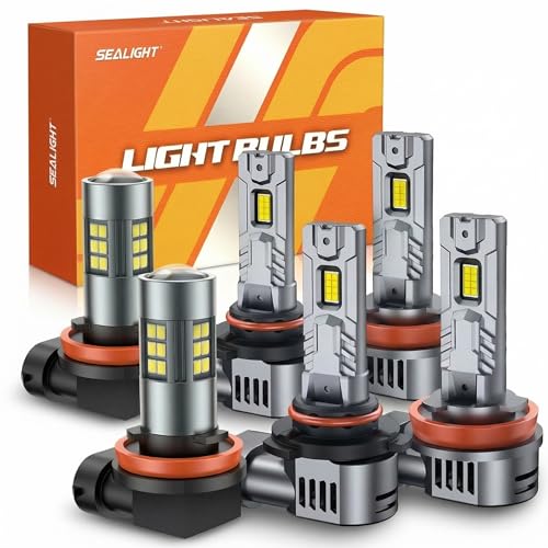 9005/HB3 H8/H9/H11 Light Bulb Combo and H11 Fog Lights, 100,000LM Ultra-Bright 6500K 9005 H11 Bulbs with Cooling Fan, 360° Illumination True Plug N Play, Non-polarity, Pack of 6 (6 Count)