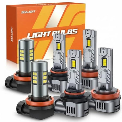 9005/HB3 H8/H9/H11 Light Bulb Combo and H11 Fog Lights, 100,000LM Ultra-Bright 6500K 9005 H11 Bulbs with Cooling Fan, 360° Illumination True Plug N Play, Non-polarity, Pack of 6 (6 Count)