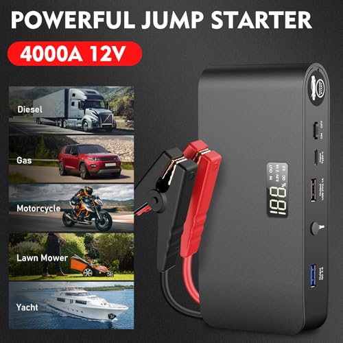 4000A 12V Car Battery Jump Starter 16000mAh for Car Boat Lawnmower