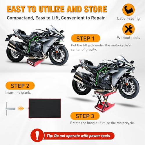 Motorcycle Lift Jack 1100 LBS Scissor Jack Stand Lift from 3.4" to 14.2" with Wide Deck Crank Handle Steel Scissor Hoist Garage Repair Lifter Table Jacks for Motorcycles ATV Dirt Bike