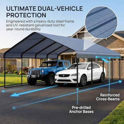20x20 FT Carport Heavy Duty Metal Covered Carport Car Port with Galvanized Steel Roof & Frame