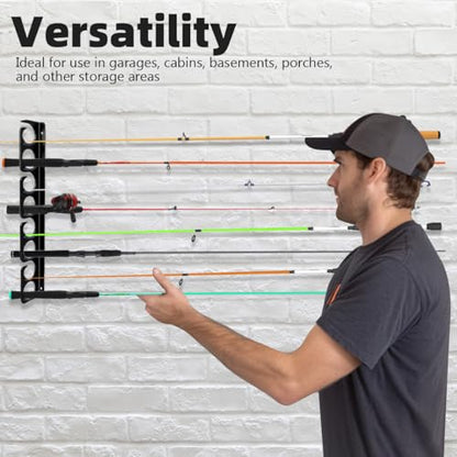 Wall or Ceiling Fishing Rod Storage Rack Vertical Horizontal Holder with 16 Capacity Fishing Rods Reels Mounted Roof Carrier Hooks Hanger for Garage Cabin and Basement Gear Accessories (4 Count)