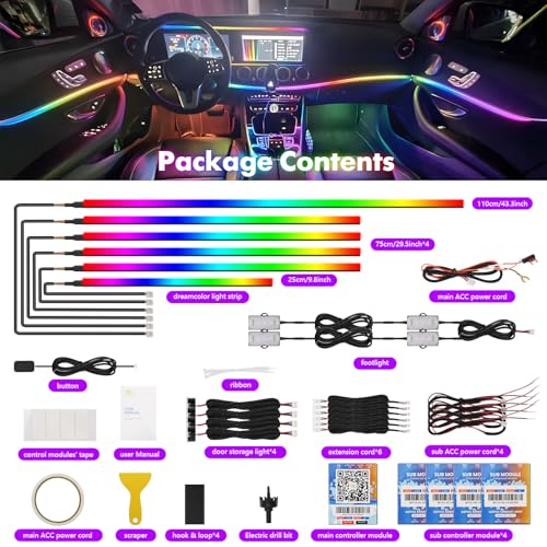 Dreamcolor Acrylic Car Ambient Lighting Kit 14 in 1 LED Interior Car Strip Lights APP Control Zoned Control System 252 Color Modes DIY Neon Wireless Sound Activated RGB Neon Light Kits New Version