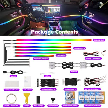Dreamcolor Acrylic Car Ambient Lighting Kit 14 in 1 LED Interior Car Strip Lights APP Control Zoned Control System 252 Color Modes DIY Neon Wireless Sound Activated RGB Neon Light Kits New Version