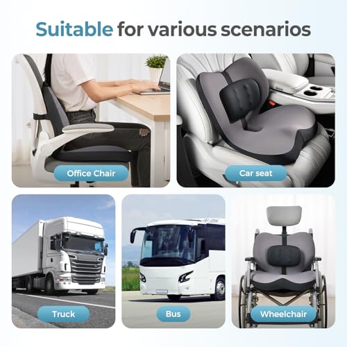 2 in1 Truck Seat Cushion and Lumbar Support Pillow Memory Foam Car Seat Cushion with Adjustable Strap for Truck Driver Long Drives