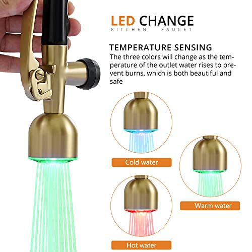 Commercial Kitchen Faucets with Pull Down Sprayer Brushed Gold LED