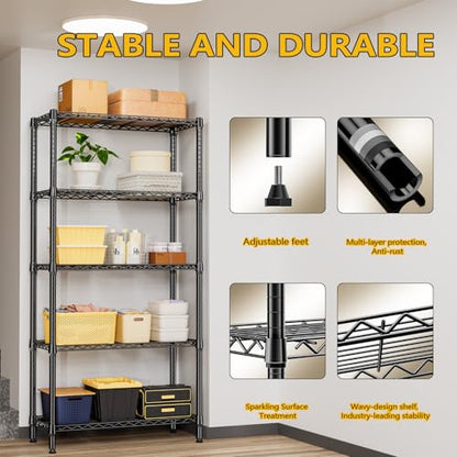 1250 lbs 5 Tier Shelf Metal Storage Shelves Shelving Wire Rack Heavy Duty Closet Organizers for Garage Kitchen Bathroom Laundry Black 15.7" D x 33.5" W x 68.5" H (5 Count)