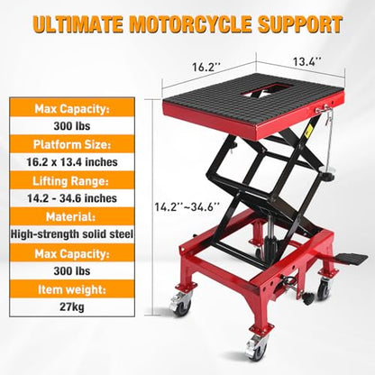 Motorcycle Lift Table Jack 300 LBS Heavy Duty Hydraulic Motorcycle Scissor Jack Lifts Table Foot Pedal with 4 Caster Wheels Wide Deck for Motorbike Dirt Bike ATV Garage Repair Tool