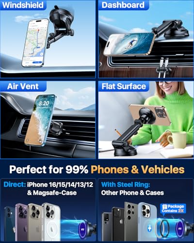 Military Grade】HTU for MagSafe Car Mount【Upgraded Strongest Suction】Magnetic Phone Holder Cell Stand for Dashboard Windshield Vent