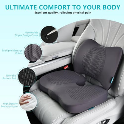 Car Seat Cushion and Back Support for Office Chair Memory Foam Chair Cushions Pressure Relief Seat Pads with Gel Massage Point Lumbar Support