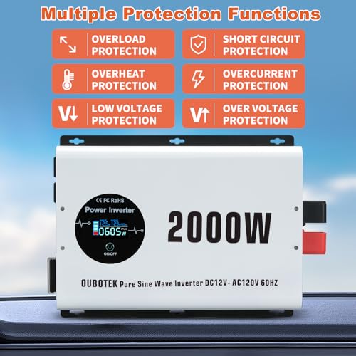 2000W Pure Sine Wave Power Inverter DC 12V to AC 120V