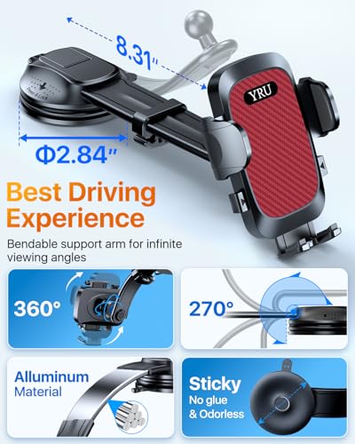 2026 Ultimate Car Phone Holder Mount [Bendable & Adjustable Aluminum Arm] Cell Phone Holder for Car Dashboard Windshield Phone Stand for iPhone 17 16 15 14 Pro Max Samsung Pickup Truck