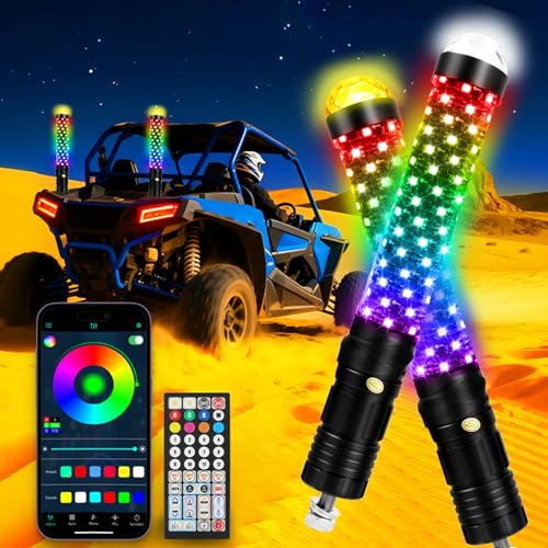 2Pack 1FT Fat Whip Lights New Upgraded Spiral LED Whip Light with Strobe Light RGB Chasing Dancing Lighted Antenna Whips W (2 Count)