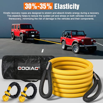 1" x20ft Kinetic Recovery Rope 33K lbs with 2 Soft Shackles Yellow