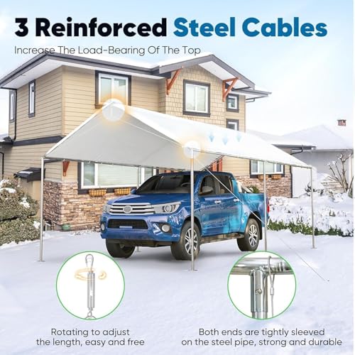 10x15 ft Heavy Duty Car Canopy Galvanized Frame Carport Outdoor Party Tent Boat Shelter with 3 Reinforced Steel Cables