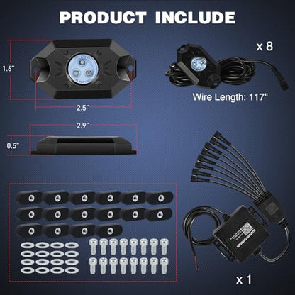 RGB LED Rock Lights Kit 8PCS Bluetooth App Control Multicolor (8 Count)