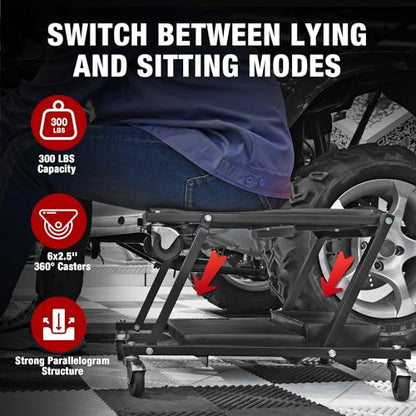 2-in-1 Foldable Garage Shop Creeper, 36" Black, 300 lbs Capacity, 6 Wheels, ATR6505B