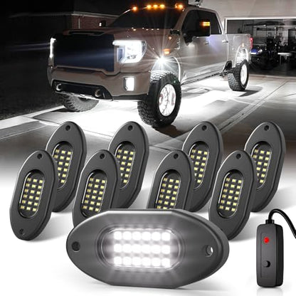 Pure White Rock Lights for Trucks 8 Pods with Switch 6000K (8 Count)