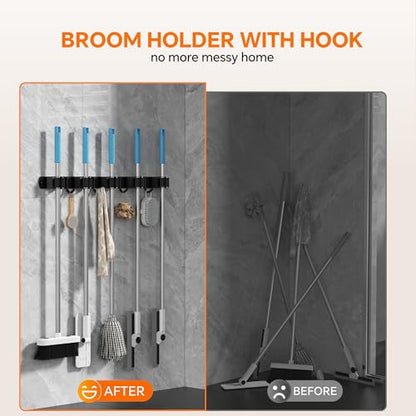 5 Grippers Broom Holder Wall Mount with 4 Hooks Stainless Steel