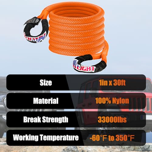 Kinetic Recovery Rope 33000 LBS 1" x 30ft Snatch Strap Heavy Duty Offroad Towing Starp Kit Vehicle Recovery kit for UTV ATV SUV Truck Car Jeep Tractor