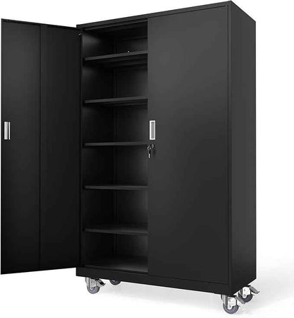 VINGLI Large Metal Storage Cabinet with 2 Doors and 5 Adjustable Shelves, Upgraded Height & Wide & Deep, 43''W x 20''D x 72''H, Oversized Garage Storage Cabinet with Wheels and Locks (Black)