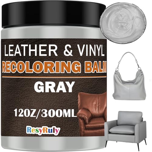 Gray Leather Recoloring Balm Vinyl Auto Dash Board Car Seats Interior Paint Furniture Dye Color Restorer Shoes Sofa Gloves Jacket Purse Bag Couch Stain Remover Fade Scratches Wear Out Repair (12 Fl Oz)