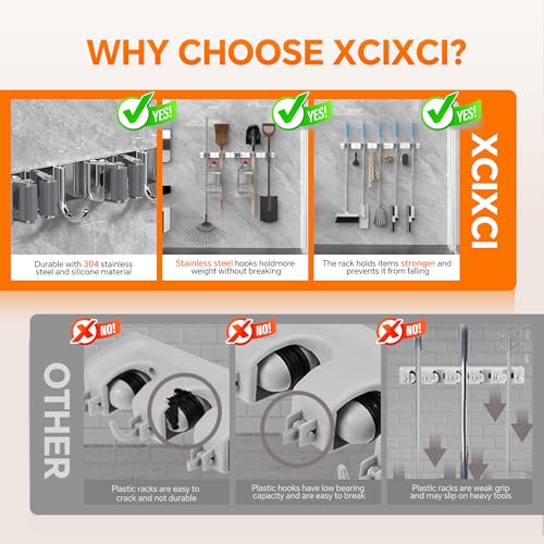 5 Grippers Broom Holder Wall Mount with 4 Hooks Stainless Steel