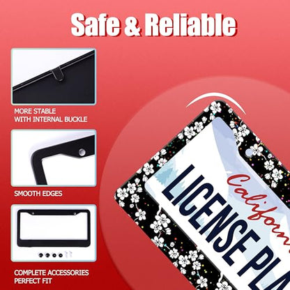 White Cherry Blossoms License Plate Frame Stainless Steel with Screws