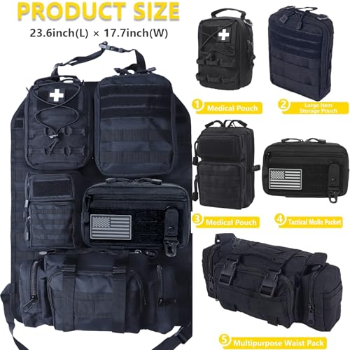 Universal Tactical Car Seat Back Organizer Bag Tactical Molle Vehicle Organizers Panel Vehicle Protector Organizers with 5 Detachable Pouches for Car
