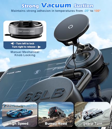 15W Wireless Charger Magnetic Car Phone Holder [Vacuum Suction Cup] 360° Adjustable & Foldable Car Mount for Dashboard
