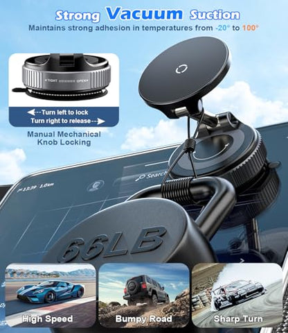 15W Wireless Charger Magnetic Car Phone Holder [Vacuum Suction Cup] 360° Adjustable & Foldable Car Mount for Dashboard