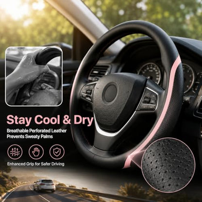 Steering Wheel Cover Black and Pink Leather Universal 14.5 (3 Count)