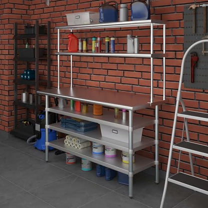 24" x 60" Stainless Steel Work Table with 3 Shelves and 12" Wide Double Tier Overshelf