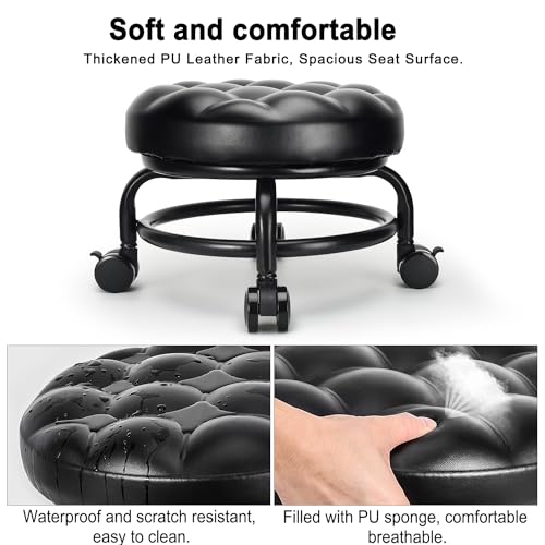 Low Height Rolling Stool Roller Stool PU Leather Comfortable Seat 360°Swivel Rotating