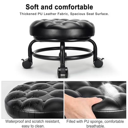 Low Height Rolling Stool Roller Stool PU Leather Comfortable Seat 360°Swivel Rotating