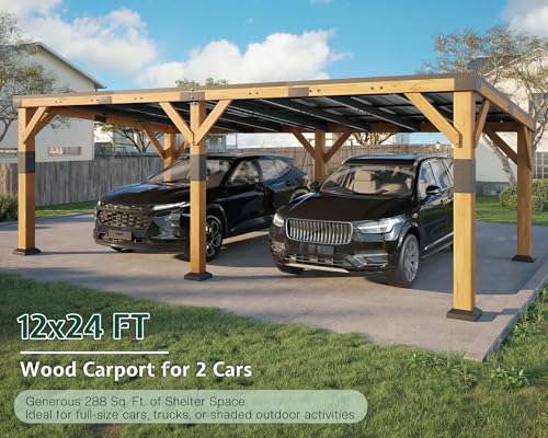 12x24x8.2 FT Heavy Duty Cedar Wood Carport for 2 Cars